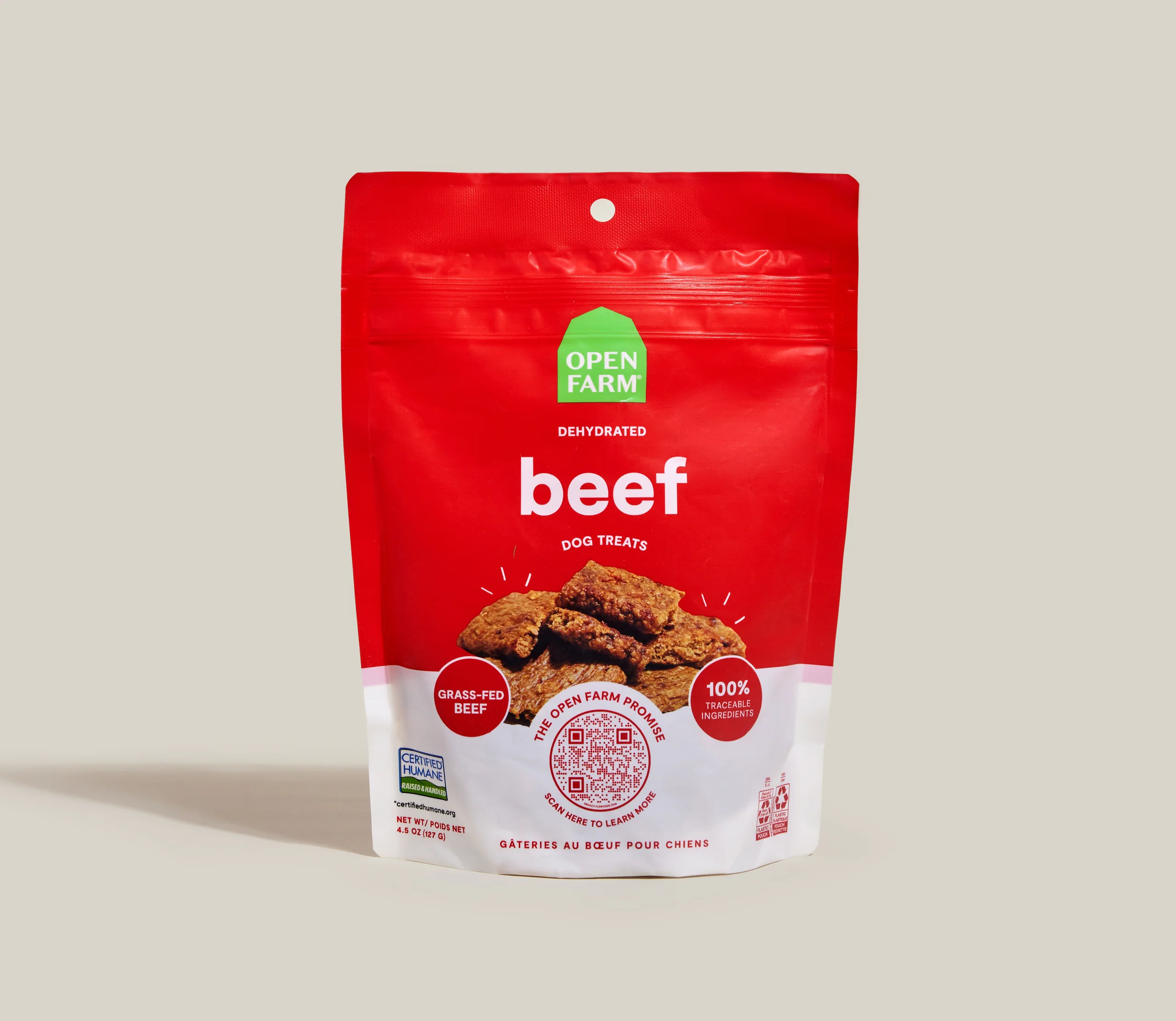 Snacks deshidratados de ternera para perros con carne de vacuno alimentado con pasto