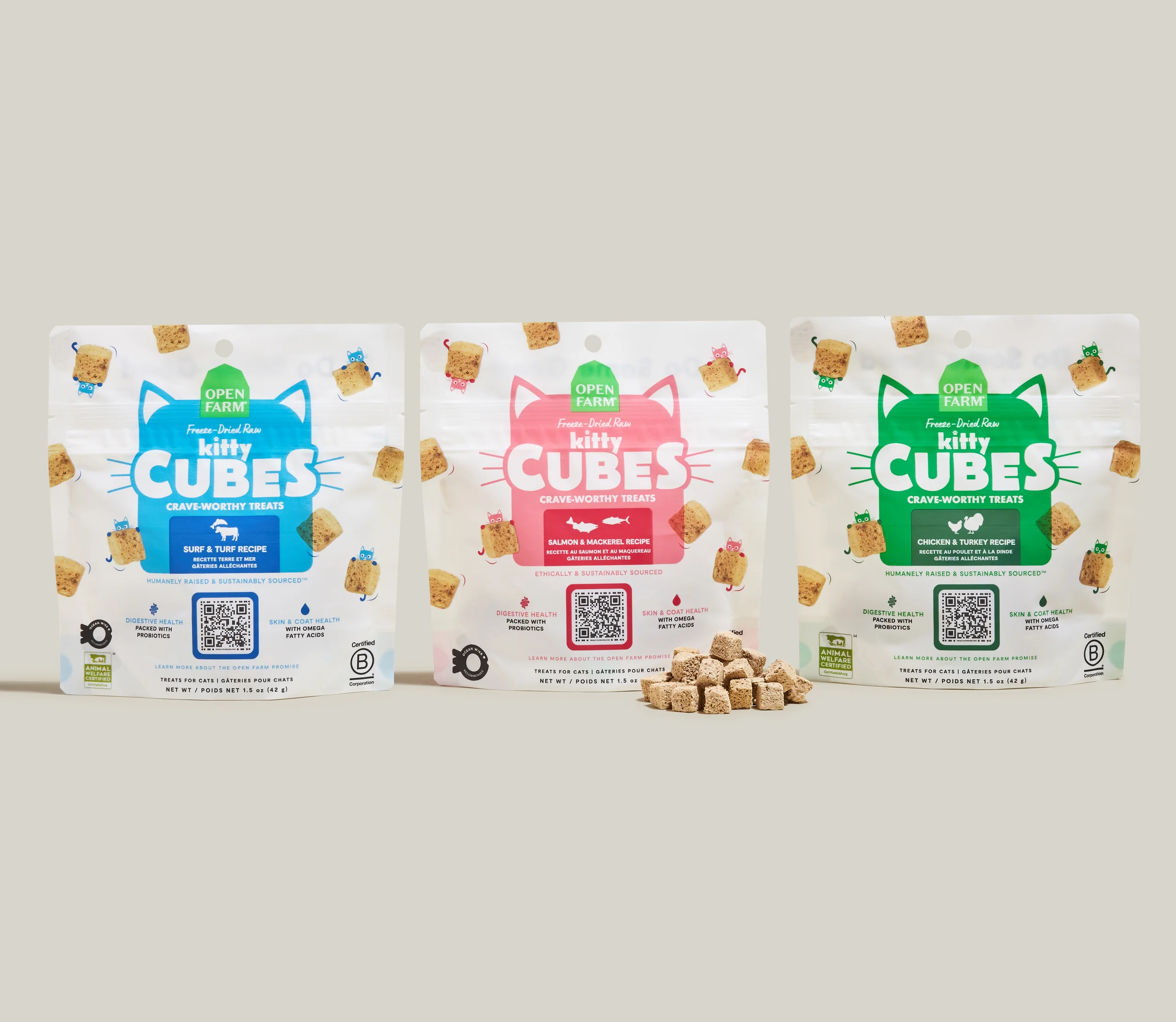 Dondurularak Kurutulmuş Çiğ Kitty Cube Kedi Ödülleri Çeşit Paketi, 3 Tarif