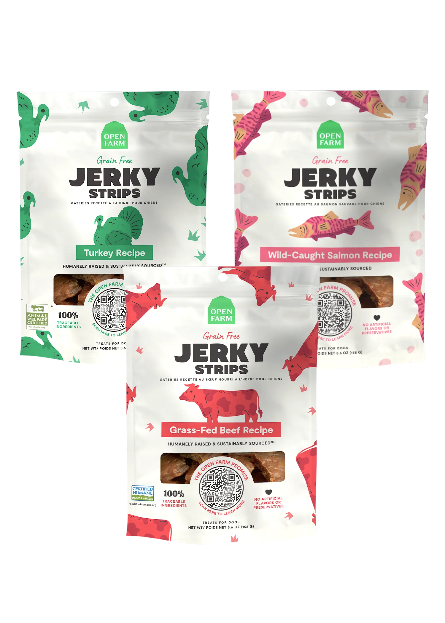 Open Farm Jerky Şeritleri Köpek Ödülü Çeşit Paketi, Üç Farklı Lezzet