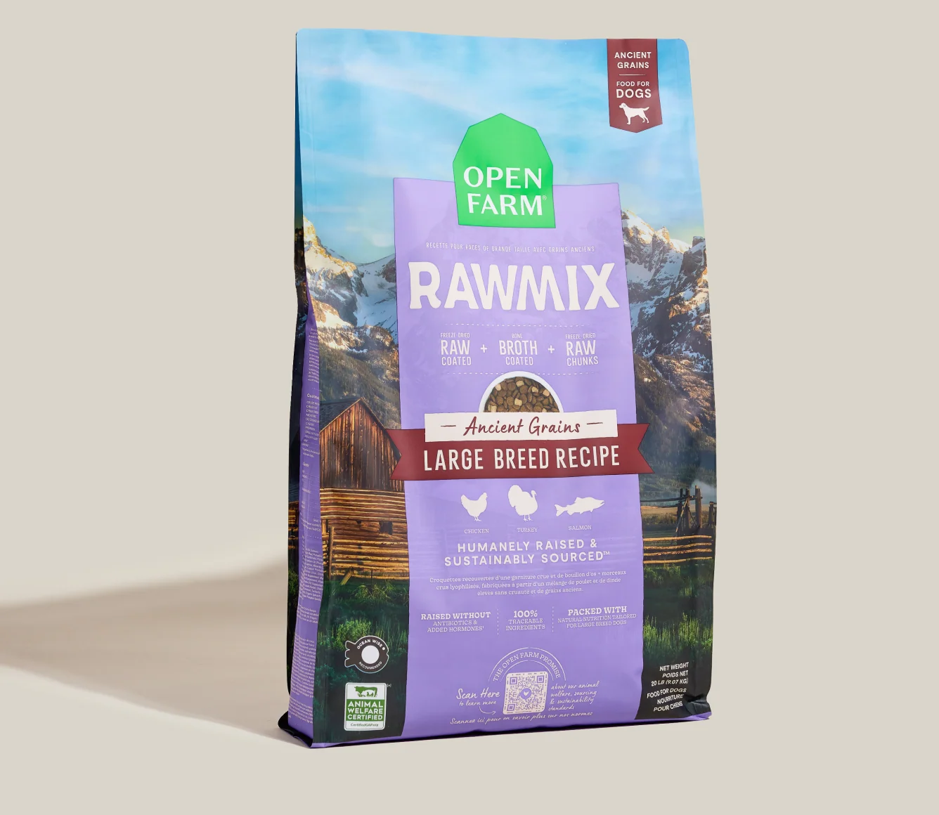 RawMix tørfoder til store hunde med oldtidens korn, laks, kylling og kalkun