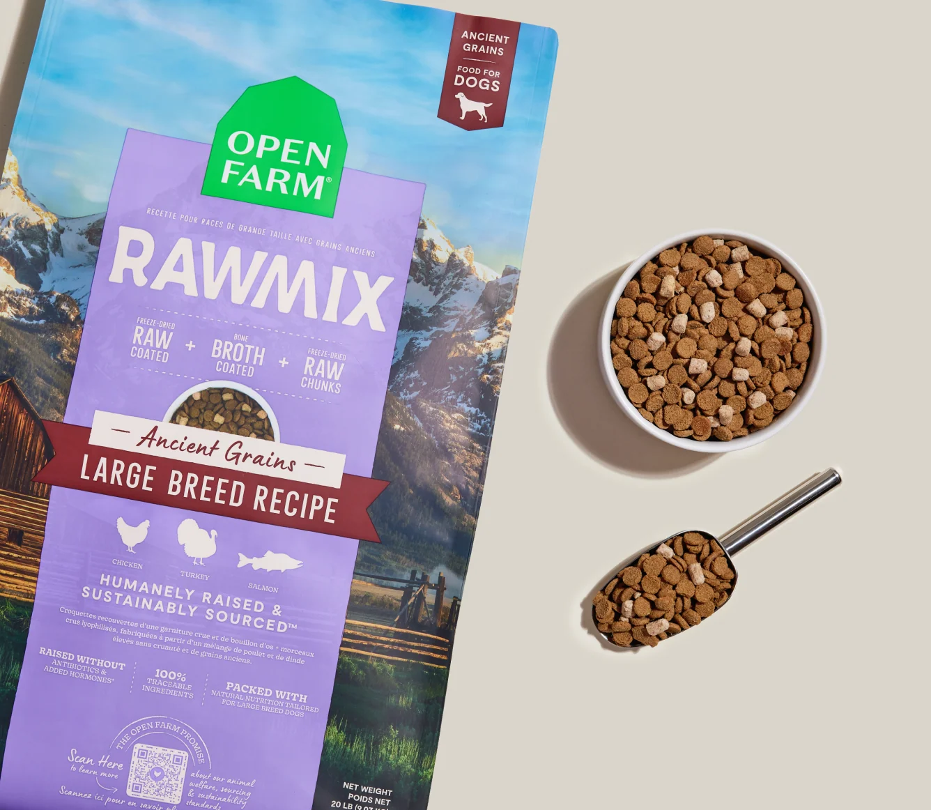RawMix tørfoder til store hunde med oldtidens korn, laks, kylling og kalkun