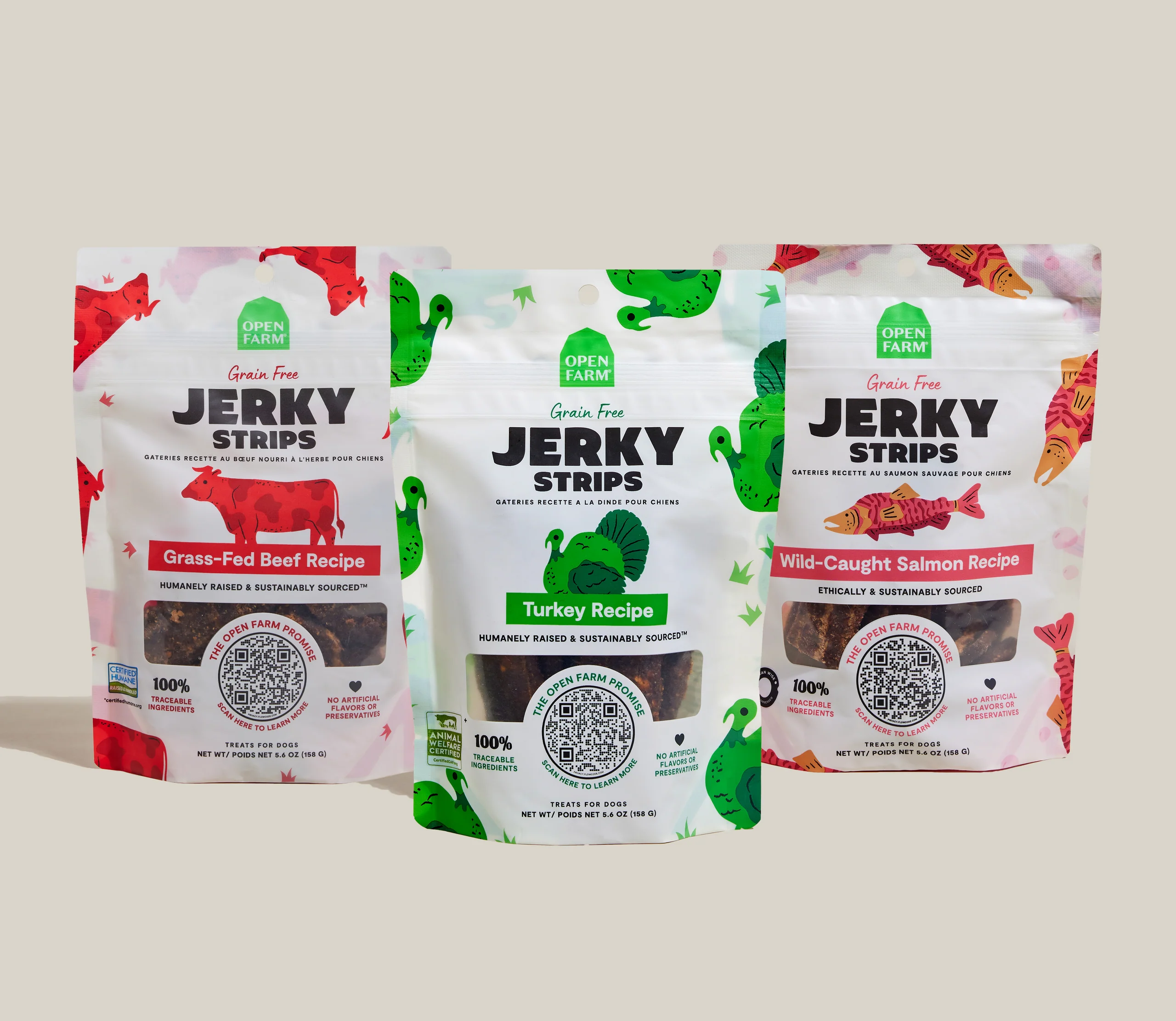 Open Farm Jerky Şeritleri Köpek Ödülü Çeşit Paketi, Üç Farklı Lezzet
