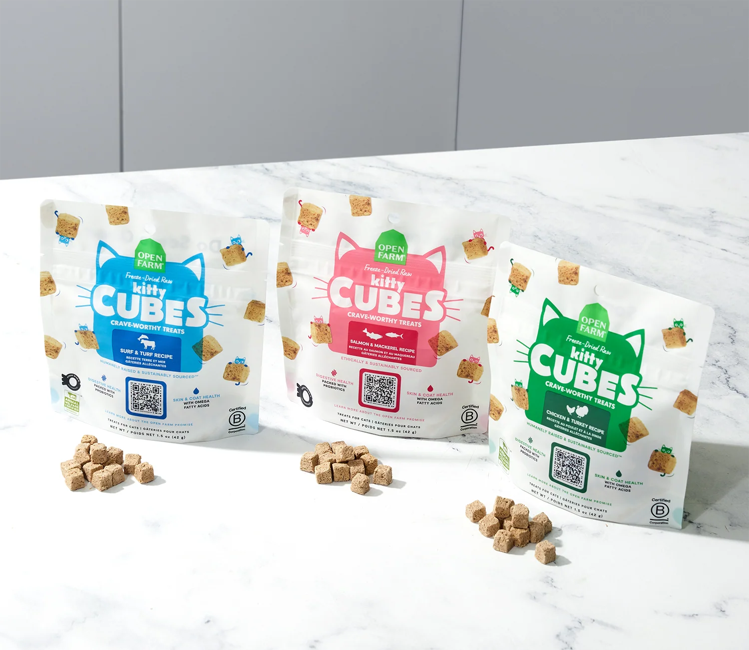 Dondurularak Kurutulmuş Çiğ Kitty Cube Kedi Ödülleri Çeşit Paketi, 3 Tarif