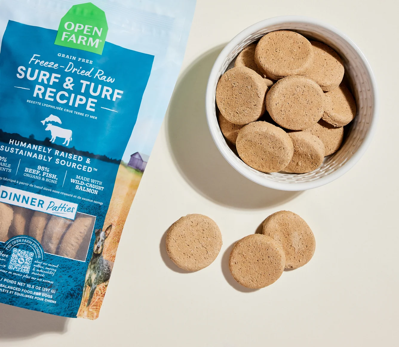 Medaglioni crudi liofilizzati Surf & Turf per cani con salmone e manzo
